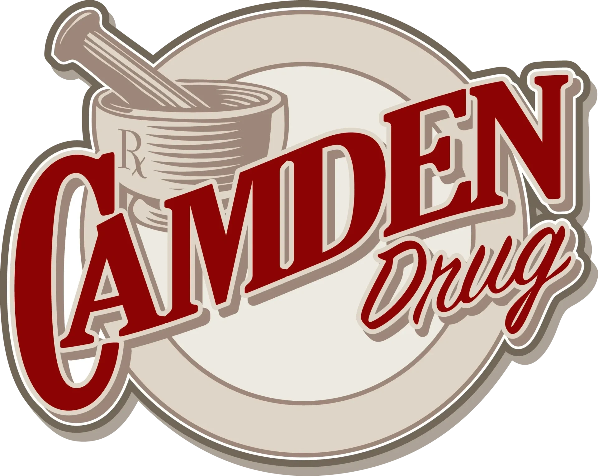 A logo for camden drugs, with the name of the store in red.
